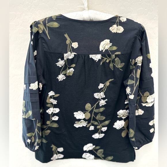 LUCKY BRAND | Black Floral Peasant Top Blouse Puff Sleeve Cotton | Size Small - Picture 5 of 8